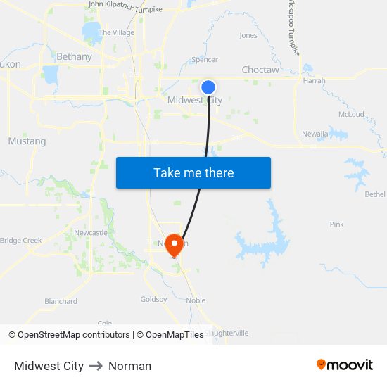 Midwest City to Norman map