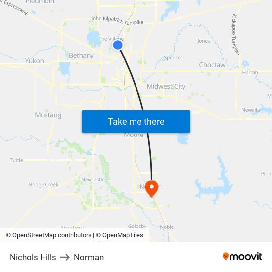 Nichols Hills to Norman map