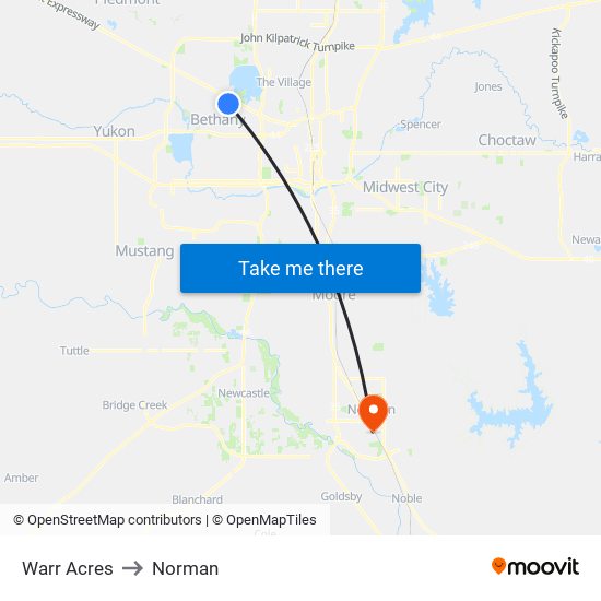 Warr Acres to Norman map