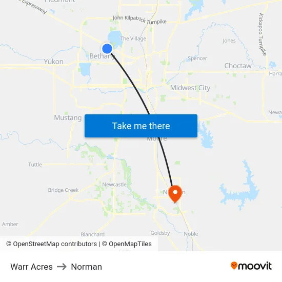 Warr Acres to Norman map