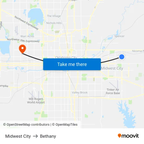 Midwest City to Bethany map