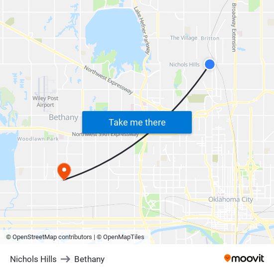 Nichols Hills to Bethany map