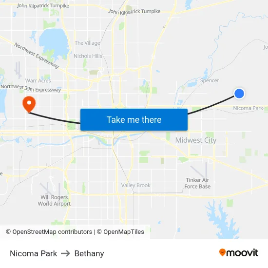 Nicoma Park to Bethany map
