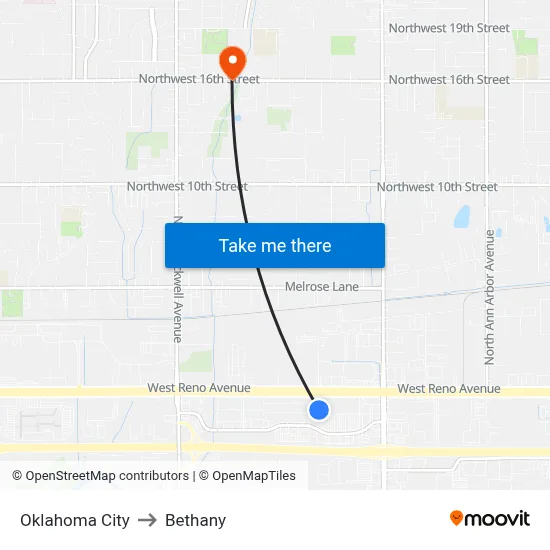 Oklahoma City to Bethany map
