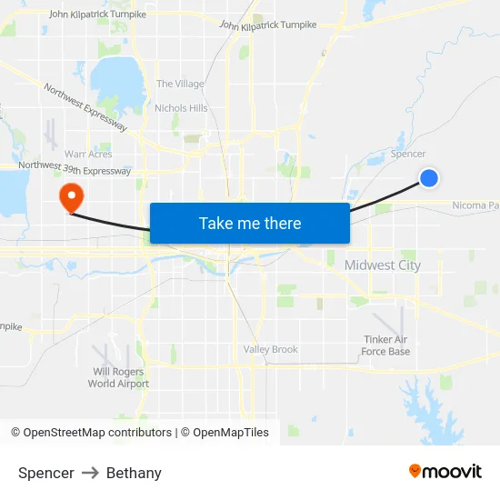 Spencer to Bethany map