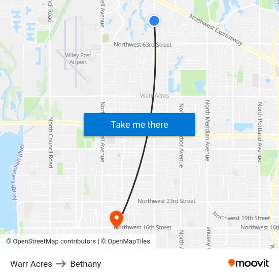 Warr Acres to Bethany map
