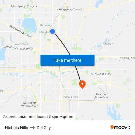 Nichols Hills to Del City map