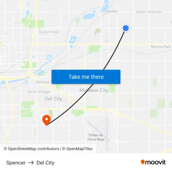 Spencer to Del City map