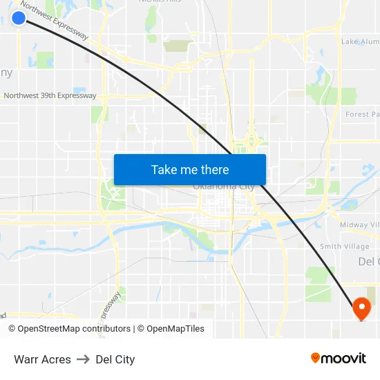 Warr Acres to Del City map