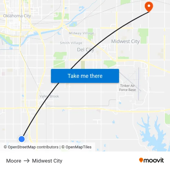 Moore to Midwest City map
