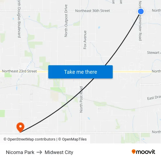 Nicoma Park to Midwest City map
