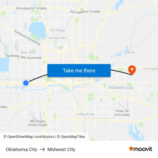 Oklahoma City to Midwest City map