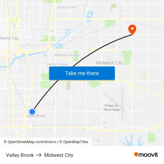 Valley Brook to Midwest City map