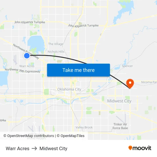 Warr Acres to Midwest City map