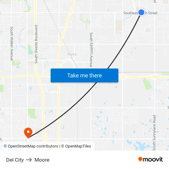 Del City to Moore map