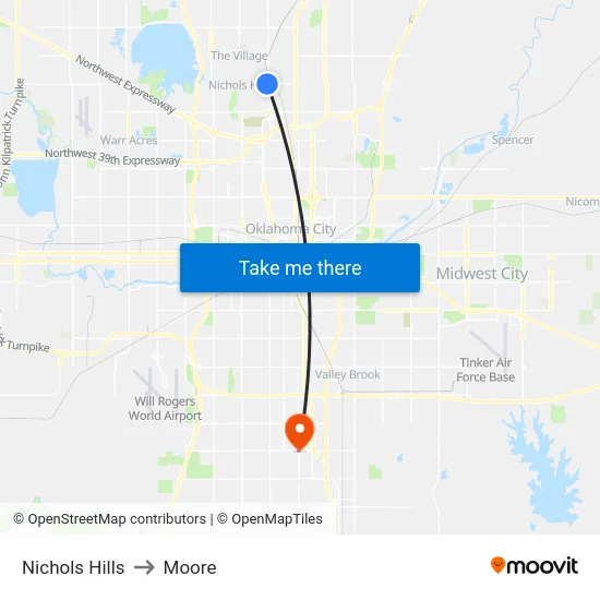 Nichols Hills to Moore map