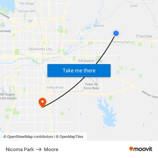 Nicoma Park to Moore map