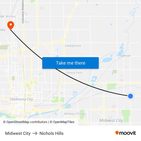 Midwest City to Nichols Hills map