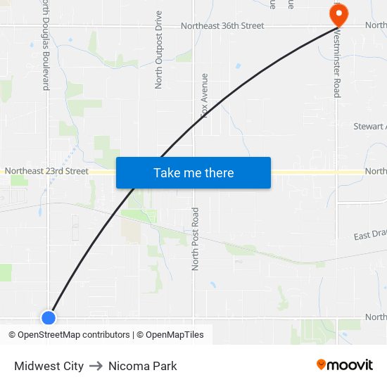 Midwest City to Nicoma Park map