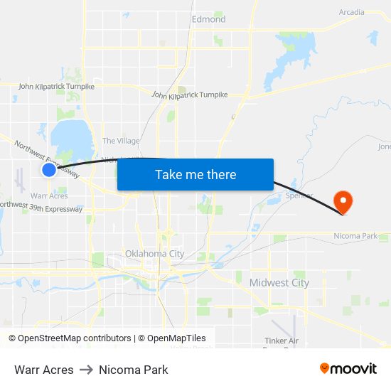 Warr Acres to Nicoma Park map