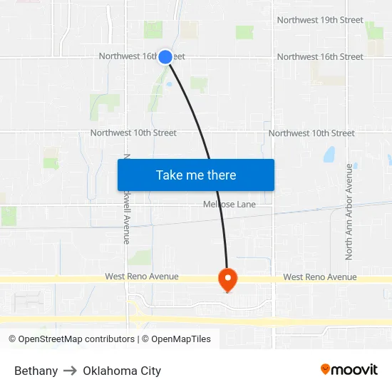 Bethany to Oklahoma City map