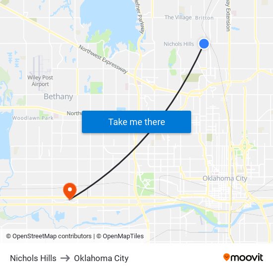 Nichols Hills to Oklahoma City map