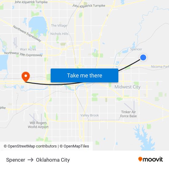 Spencer to Oklahoma City map