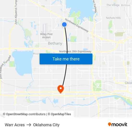 Warr Acres to Oklahoma City map