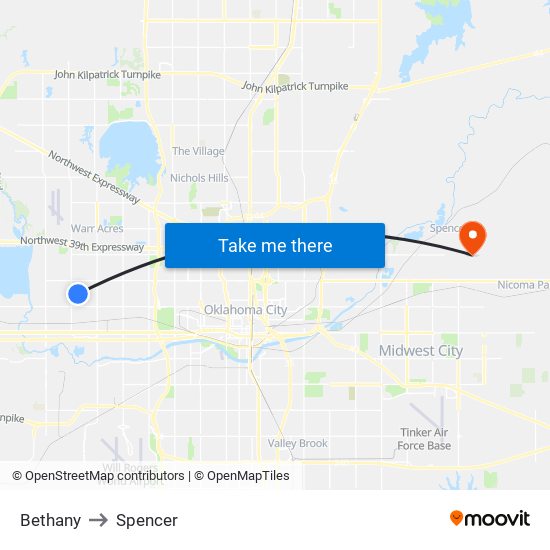 Bethany to Spencer map