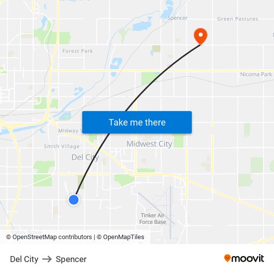 Del City to Spencer map