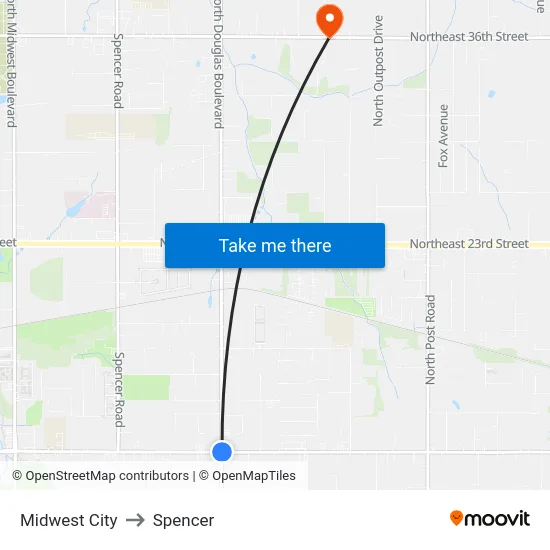 Midwest City to Spencer map