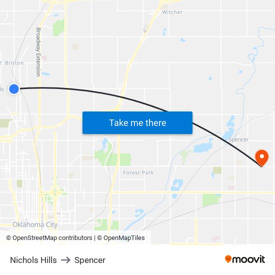 Nichols Hills to Spencer map