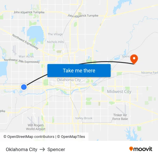 Oklahoma City to Spencer map