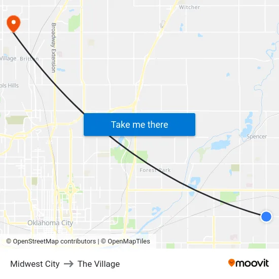Midwest City to The Village map