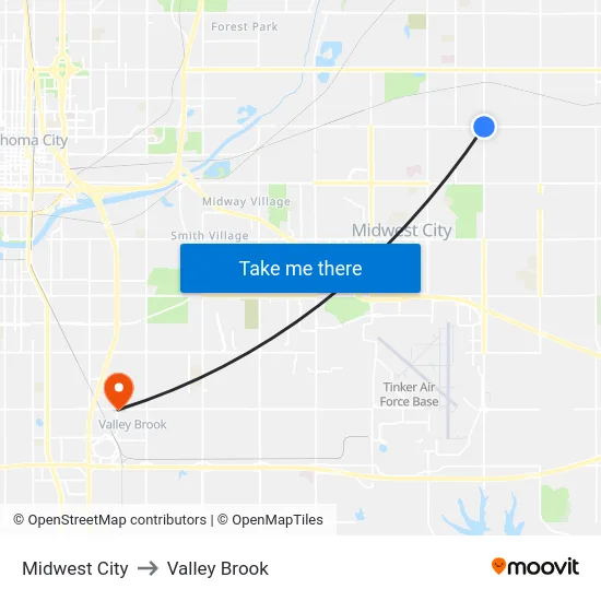 Midwest City to Valley Brook map