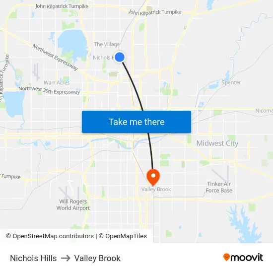 Nichols Hills to Valley Brook map