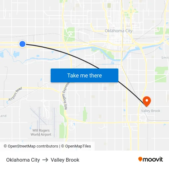Oklahoma City to Valley Brook map