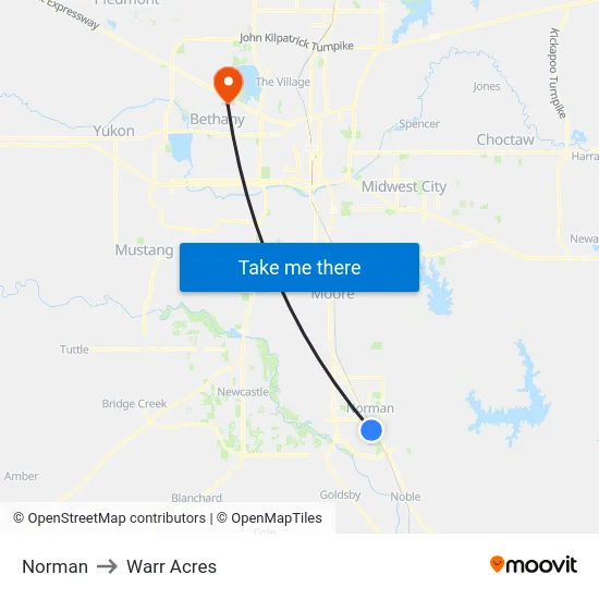 Norman to Warr Acres map
