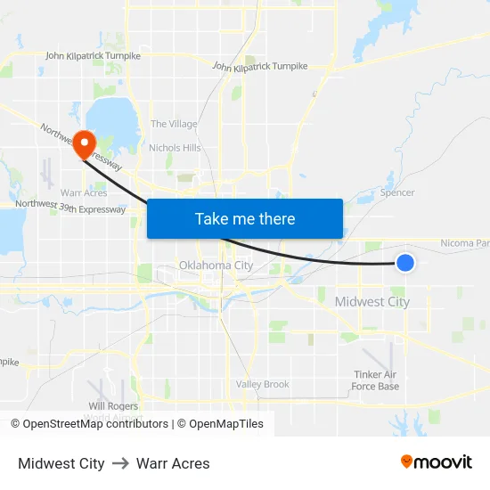 Midwest City to Warr Acres map