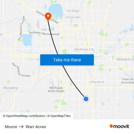 Moore to Warr Acres map