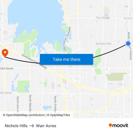 Nichols Hills to Warr Acres map