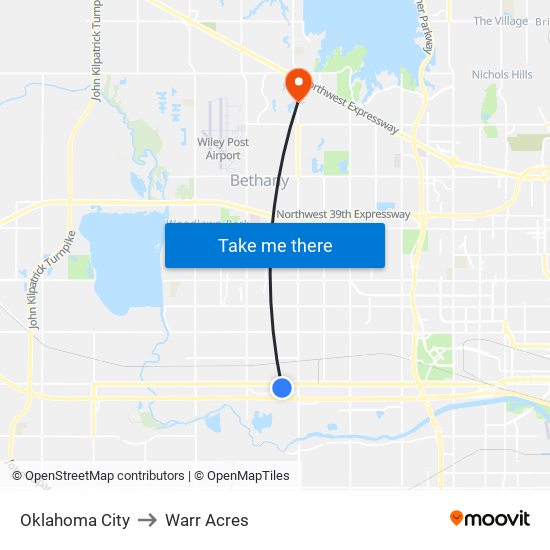 Oklahoma City to Warr Acres map