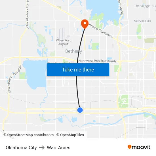 Oklahoma City to Warr Acres map