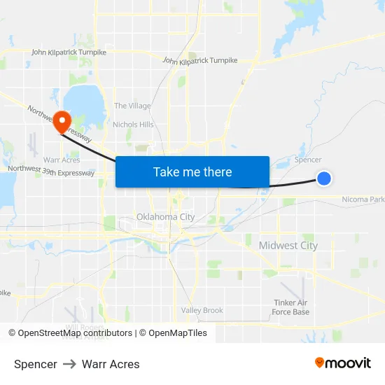 Spencer to Warr Acres map