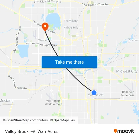 Valley Brook to Warr Acres map