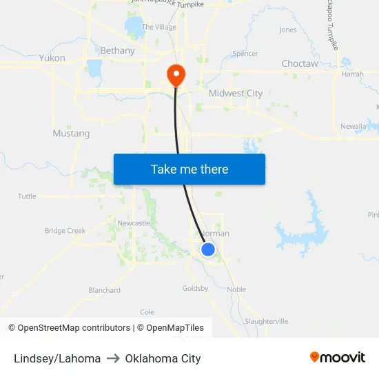 Lindsey/Lahoma to Oklahoma City map