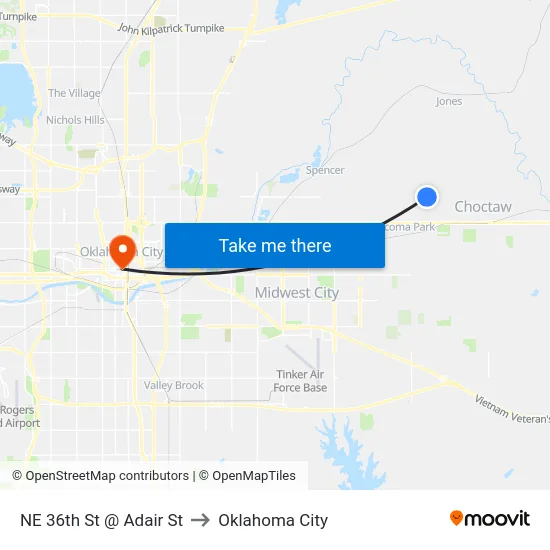 NE 36th St @ Adair St to Oklahoma City map