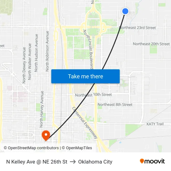 N Kelley Ave @ NE 26th St to Oklahoma City map