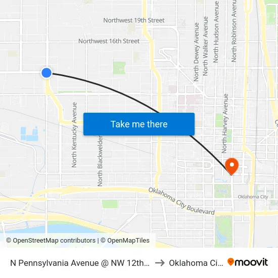 N Pennsylvania Avenue @ NW 12th St to Oklahoma City map