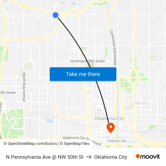 N Pennsylvania Ave @ NW 50th St to Oklahoma City map